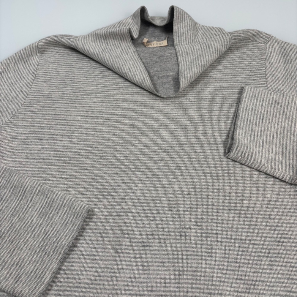 Eileen Fisher Womens M Gray Striped Tunic Sweater Cashmere Blend Funnel Neck